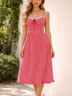 Sienna Sky Red and White Gingham Milkmaid Midi Dress.  Size Medium